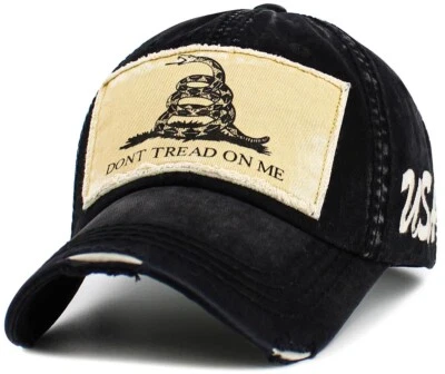 Don't Tread on Me 1776 Gadsden Flag Patched USA Distressed Black Dad Hat - Image 1 of 4