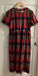 Red Plaid Linen Cotton Blend Dress Elastic Back Short Sleeve Miss Darby Sz 8 Sm - Picture 1 of 10