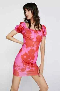 Nasty Gal - Puff Sleeve Floral Print Mini Dress - Size UK 8 - Picture 1 of 4