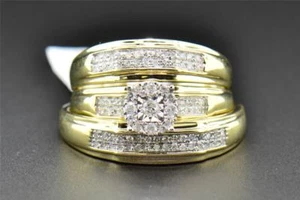 Diamond Trio Set His Hers Matching Engagement Ring Wedding Band 10K Yellow Gold - Picture 1 of 8