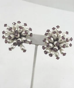 Vintage faux pearl purple crystal beaded cluster earrings - Picture 1 of 3