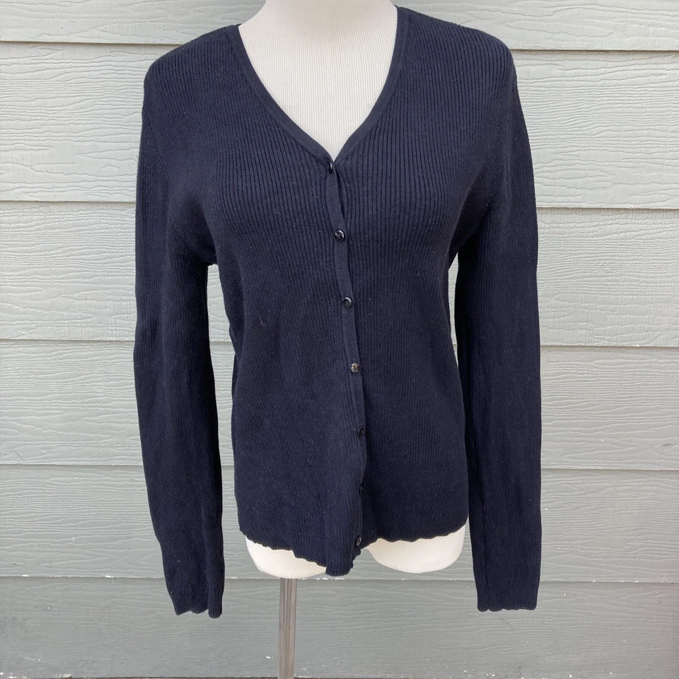 Cárdigan suéter con botones Laura Scott para mujer talla M negro tejido acanalado mezcla de seda Foto 1 de 4