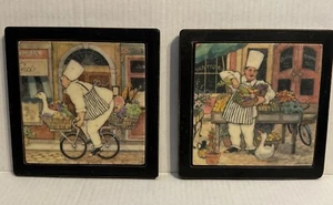 VTG Set of 2 Italian Chef Tile & Wood Wall Art Kitchen Wall Plaques Black Frames - Picture 1 of 7