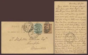 NATAL to MAURITIUS QV 1899 STATIONERY CARD VFU NUMERAL 2 UPRATED + MESSAGE - Picture 1 of 1