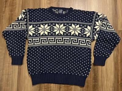 GAP Sweater Mens Large Blue Fair Isle Snowflake Cotton Knit Pullover Winter - Image 1 of 4