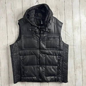 Sean John Vest Mens 2XL Black Faux Leather Hooded Puffer Zip Pockets Quilted - Picture 1 of 11