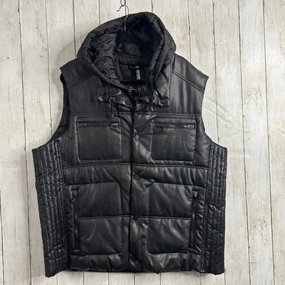 Sean John Vest Mens 2XL Black Faux Leather Hooded Puffer Zip Pockets Quilted - Image 1 of 4
