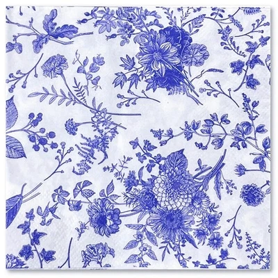 50 PCS 5x5 Blue Floral Cocktail Napkins, White Toile Paper, Bridal Shower - Image 1 of 4