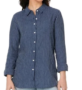 Camisa LL Bean Mujer Mediana Azul Blanco Rayas Lino Abotonada Manga Larga - Imagen 1 de 10