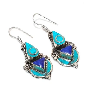 Turquoise Lapis lazuli Earrings Tibetan 925 Sterling Silver Handmade Jewelry - Picture 1 of 5
