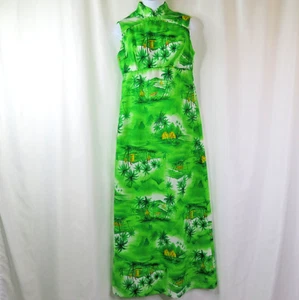 Kamaile Hawaiian Dress Maxi Sz 12 Green Floral Sheath MuuMuu Mandarin Asian VTG - Picture 1 of 11