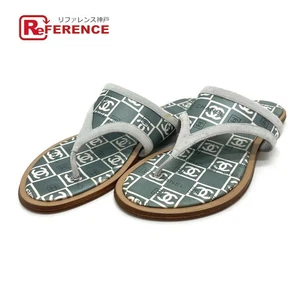 CHANEL Cc Coco Mark Flat Sandals Wood / Satin Women'S Green Used - Picture 1 of 13
