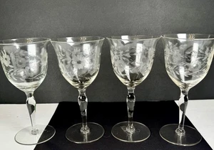 Etched Floral Wheat Wine Glasses Set Of 4 7.25in Faceted Stem Vintage Crystal - Picture 1 of 14
