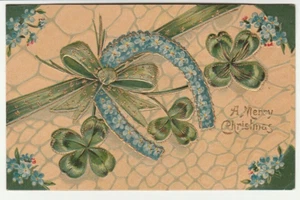 1908 A Frohe Weihnachten geprägte Postkarte Hufeisen 4 Blatt Kleeblatt antik - Bild 1 von 2