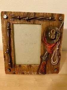 Vintage Western Cowboy Photo Frame Distressed Wood Frame, Barbwire, Hat, Rifle - Picture 1 of 9