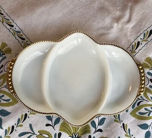 Fire King Divided Serving Dish Milk Glass Vintage Anchor Hocking White Gold Bowl - Picture 1 of 9