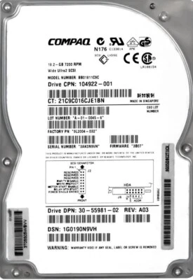 FESTPLATTE COMPAQ 104922-001 18.2GB 7200U/min 1MB ULTRA2 SCSI BB01811C9C 3.5''  - Bild 1 von 3