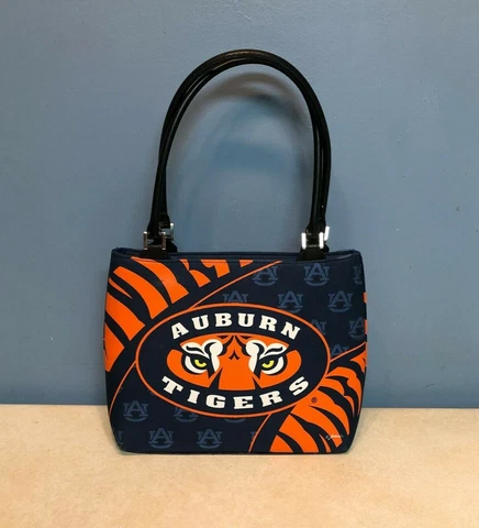 Auburn Tigers Purse with Black Leather Top Handles by Jenkins.  12" wide x 9.25" Cover
