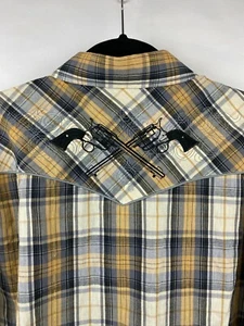 Camicia Roper Western XL blu arancione oro a quadri pistole pacificatore bottoni perle - Foto 1 di 4