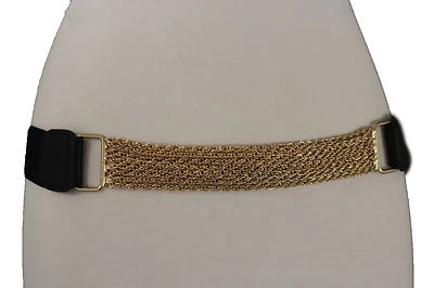 ALWAYSTYLE4YOU Women Black Stretch Waistband Fashion Belt Gold Metal Chain 8 Strands Size S M