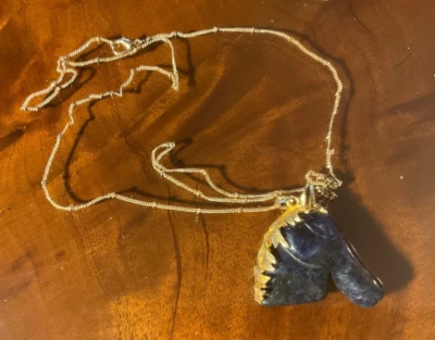 Vintage Horse Head Pendant Black w/blue tones  Hand Crafted Stone, 14” Chain - Image 1 of 3
