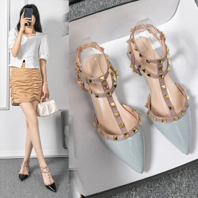 Chunky Heel Comfort Studded Flats Rivet Strappy D'orsay Pointed Toe Women Shoes - Image 1 of 4