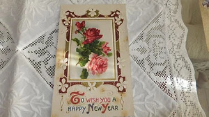 Antigua postal en relieve Wish you a feliz año nuevo seda rosas oro Alemania  - Imagen 1 de 12