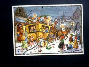 niedlicher alter Adventskalender, Engel kommen mit der Postkutsche - Bild 1 von 7