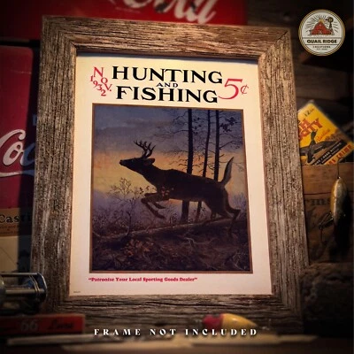 Whitetail Deer Hunting Fishing Magazine Cover Art Print Vintage Cabin Wall Decor