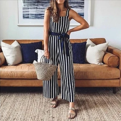 Mono J.Crew Tejido Cintura Corbata Azul Marino Blanco Rayas Talla 0 NUEVO Foto 1 de 4