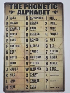 Metall phonetisches Alphabet Schild 8 x 12 Luftfahrt Militär Dekor Vintage Männerhöhle neu - Bild 1 von 1