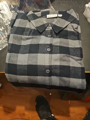 Camisa feminina QVC Joan Rivers xadrez flanela encaixe frontal GG preta cinza nova sem etiquetas - Imagem 1 de 4