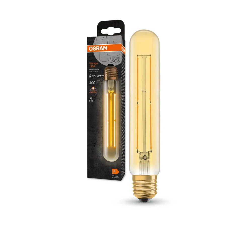 OSRAM Lampada LED Vintage 1906 Classic Tubular FIL E27 tubolare oro 4W EjOC