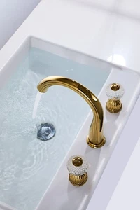 Gold 3 Holes Widespread Bathroom Lavatory Sink Tall Faucet crystal handles Tap - Picture 1 of 5