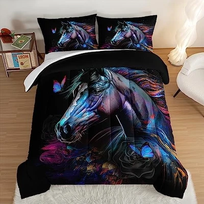  Edredom 3 peças arte cavalo com 2 fronhas, vida selvagem cavalo rainha preto-a - Imagem 1 de 4