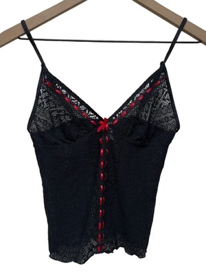 Y2K Rampage Babydoll Lace Lingerie Cami Top S Sheer Grunge Whimsigoth Black Red - Image 1 of 4