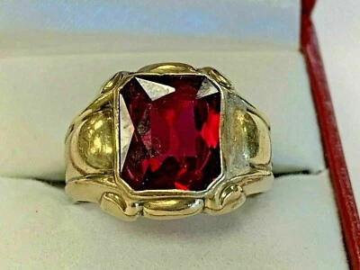 4Ct Emerald Lab Created Red Ruby Solitaire Mens Band Ring 14k Yellow Gold Finish - Image 1 of 4