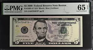 $5 2009 Star Note Federal Reserve Note Boston PPQ 65 Graded GEM Uncirculated - Picture 1 of 2