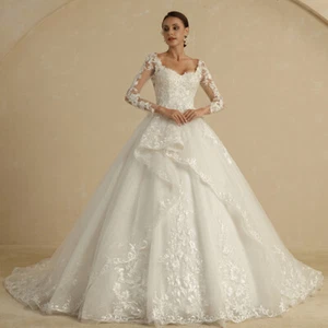 Elegantes elfenbeinfarbenes Ballkleid Brautkleider V-Ausschnitt volle Ärmel Spitze Applikationen Braut - Bild 1 von 11