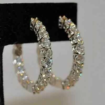 2.80 Ct Round Cut VVS1 Moissanite Hoop Clip-On Earrings 14K White Gold Plated - Image 1 of 4