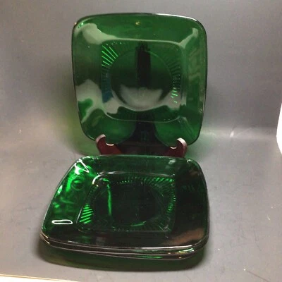 "Juego de 4 platos de almuerzo cuadrados Anchor Hocking Fire King Forest Green Charm 8 1/4""" Foto 1 de 4