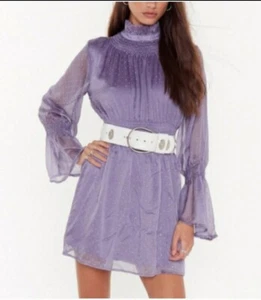 NASTY GAL Lilac Purple Long Sleeves Metallic Spot High Neck Dresd Sz 2 NEW - Picture 1 of 8