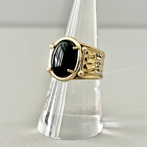 Ring Cocktail Black Onyx Oval Cabochon 10K Gold Italy Hammered Cuff Band Size 8