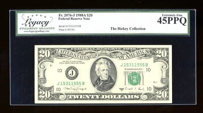 DBR 1988-A $20 FRN Kansas City Fr. 2076-J Legacy 45 PPQ Serial J15311555B - Image 1 of 2