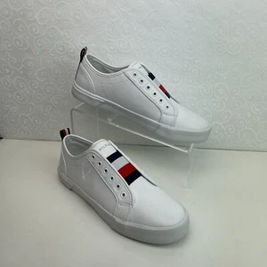 Tommy Hilfiger Women's Leather White Slip-On Sneakers Sz 8.5 New White Red/Blue - Picture 1 of 9