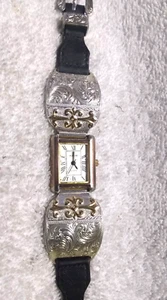 Montana Silversmiths Watch Engraved Silver Gold Accent Black Leather New Bat !!! - Picture 1 of 12