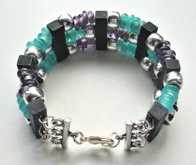 Beaded Cuff BRACELET Memory Wire Purple Turquoise Glass Black Silver   KCJ2866 - Image 1 of 4