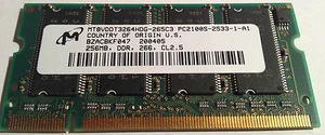 256MB 200p PC2100 CL2.5 8c 16x16 DDR SODIMM T005 RFB Malaysia, Micron, ADD, MT8V - Picture 1 of 2