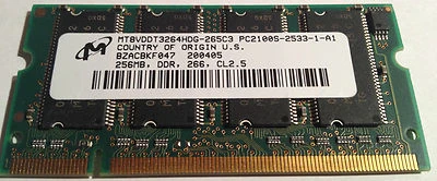 256MB 200p PC2100 CL2.5 8c 16x16 DDR SODIMM T005 RFB Malaysia, Micron, ADD, MT8V - Image 1 of 2