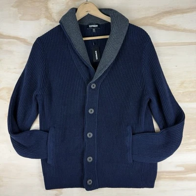 NUEVO Cárdigan Express Cuello Chal Tejido Para Hombre Grande Azul Marino Abotonado Invierno Foto 1 de 4